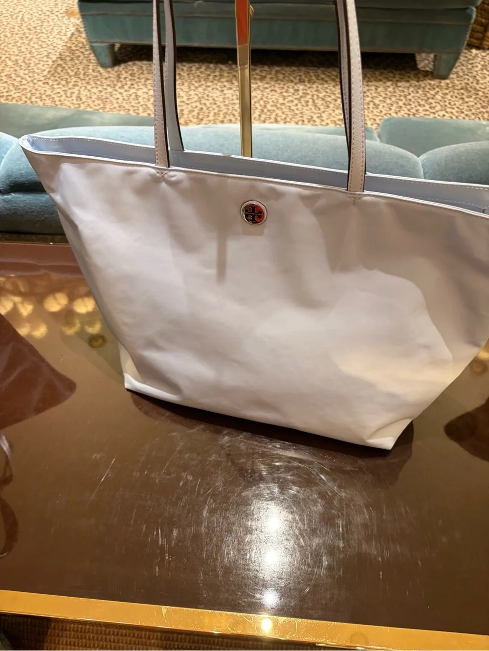 Tory Burch Nylon sky blue Tote Bag Zip Closure Logo Accent Gold in large size